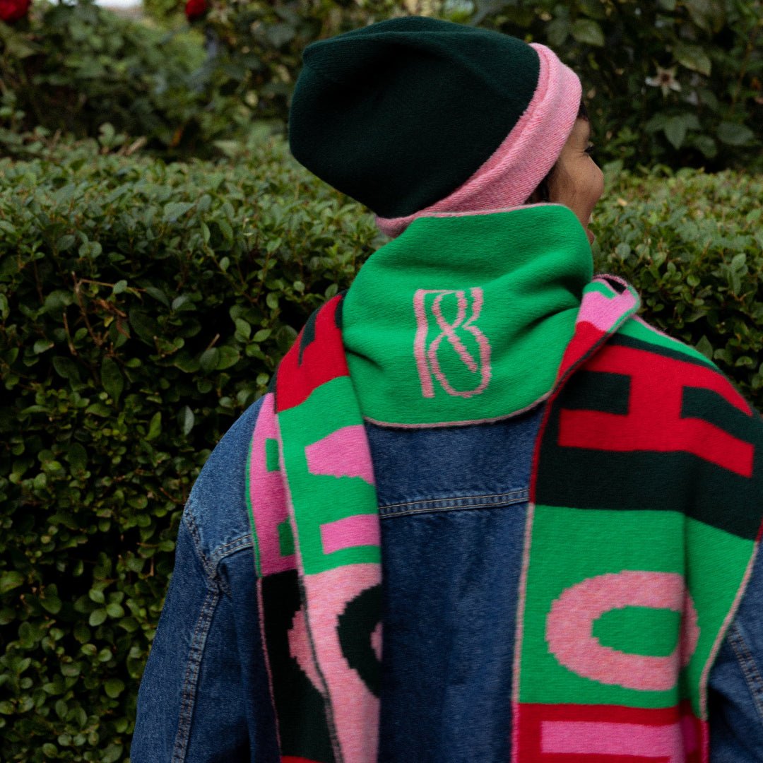 Pre-Order - Colour Block Beanie in Forest Green &amp; French Rose - Black &amp; Beech