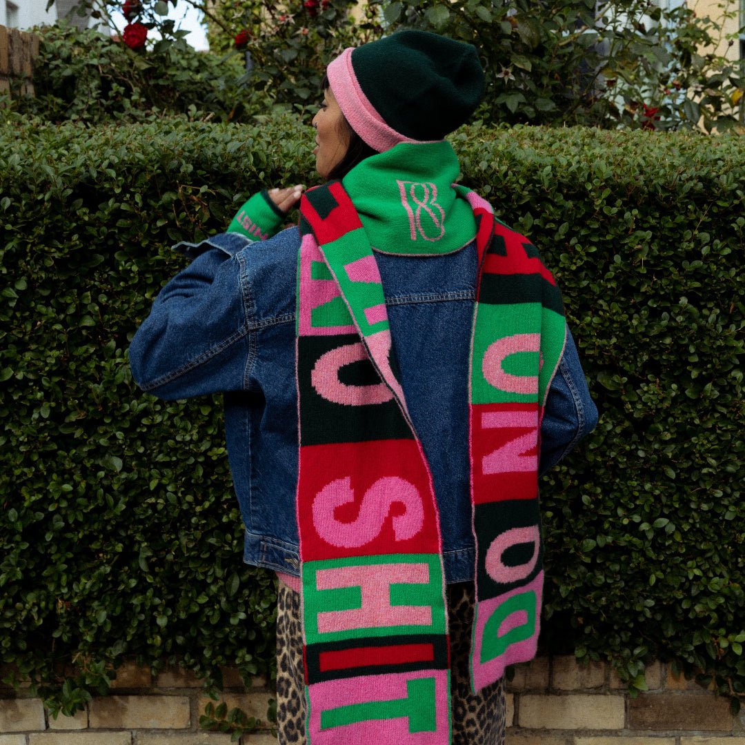 Do No Harm Take No Shit Scarf in Kelly Green &amp; Bubblegum - Black &amp; Beech