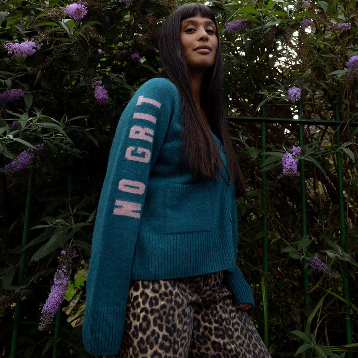 Pre-Order - No Grit No Pearl Cardigan in Teal &amp; Calamine - Black &amp; BeechXS