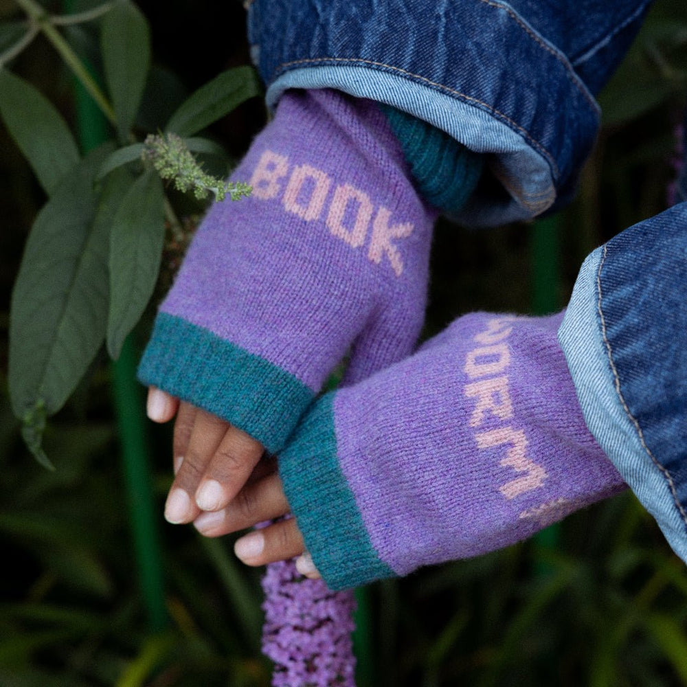 Book Worm Mittens in Violet & Calamine - Black & Beech