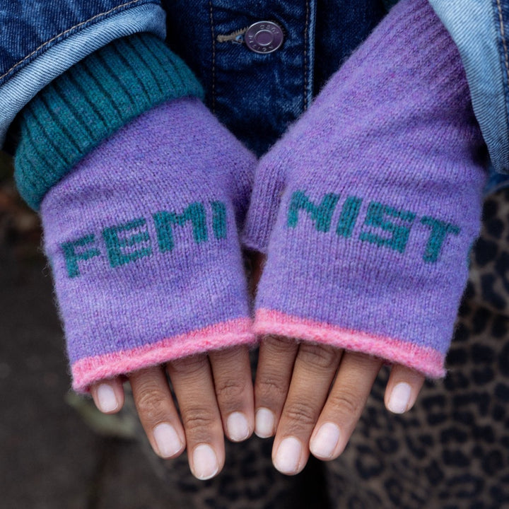 Feminist Fingerless Mittens in Violet &amp; Teal - Black &amp; Beech