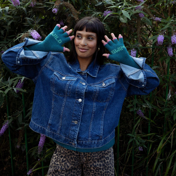 Wild Swim Fingerless Gloves in Teal &amp; Peppermint - Black &amp; Beech