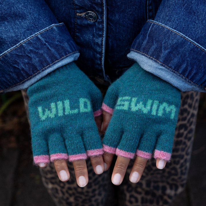 Wild Swim Fingerless Gloves in Teal &amp; Peppermint - Black &amp; Beech