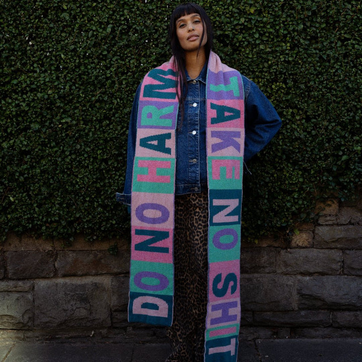 Do No Harm Take No Shit Scarf in Violet &amp; Teal - Black &amp; Beech