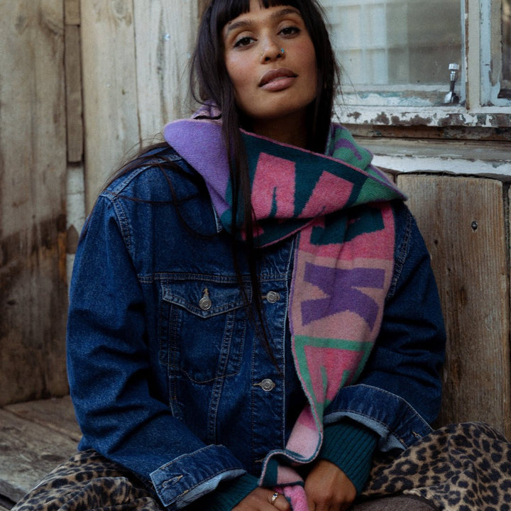 Do No Harm Take No Shit Scarf in Violet &amp; Teal - Black &amp; Beech