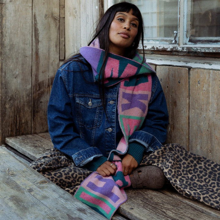 Do No Harm Take No Shit Scarf in Violet &amp; Teal - Black &amp; Beech