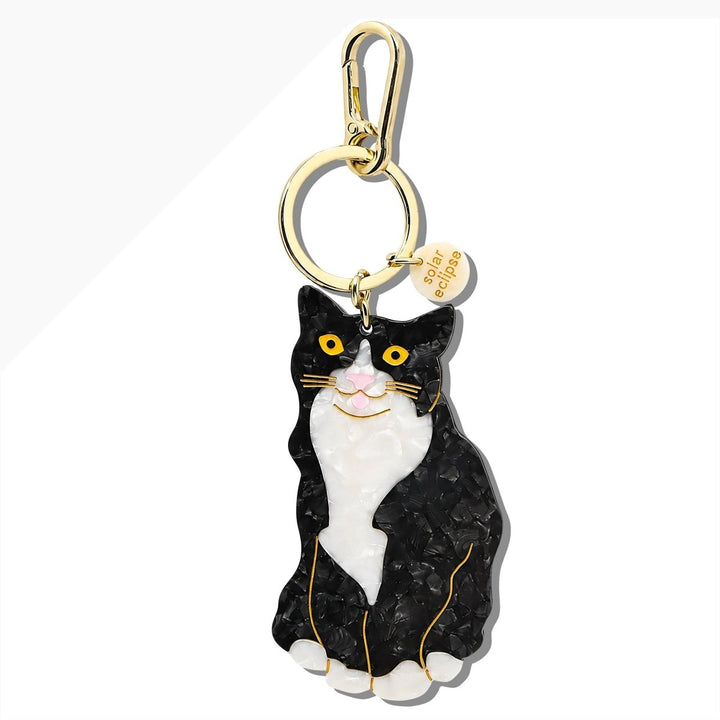 Hand-painted Tuxedo Cat Bag Charm + Keychain | Eco-Friendly - Black &amp; Beech