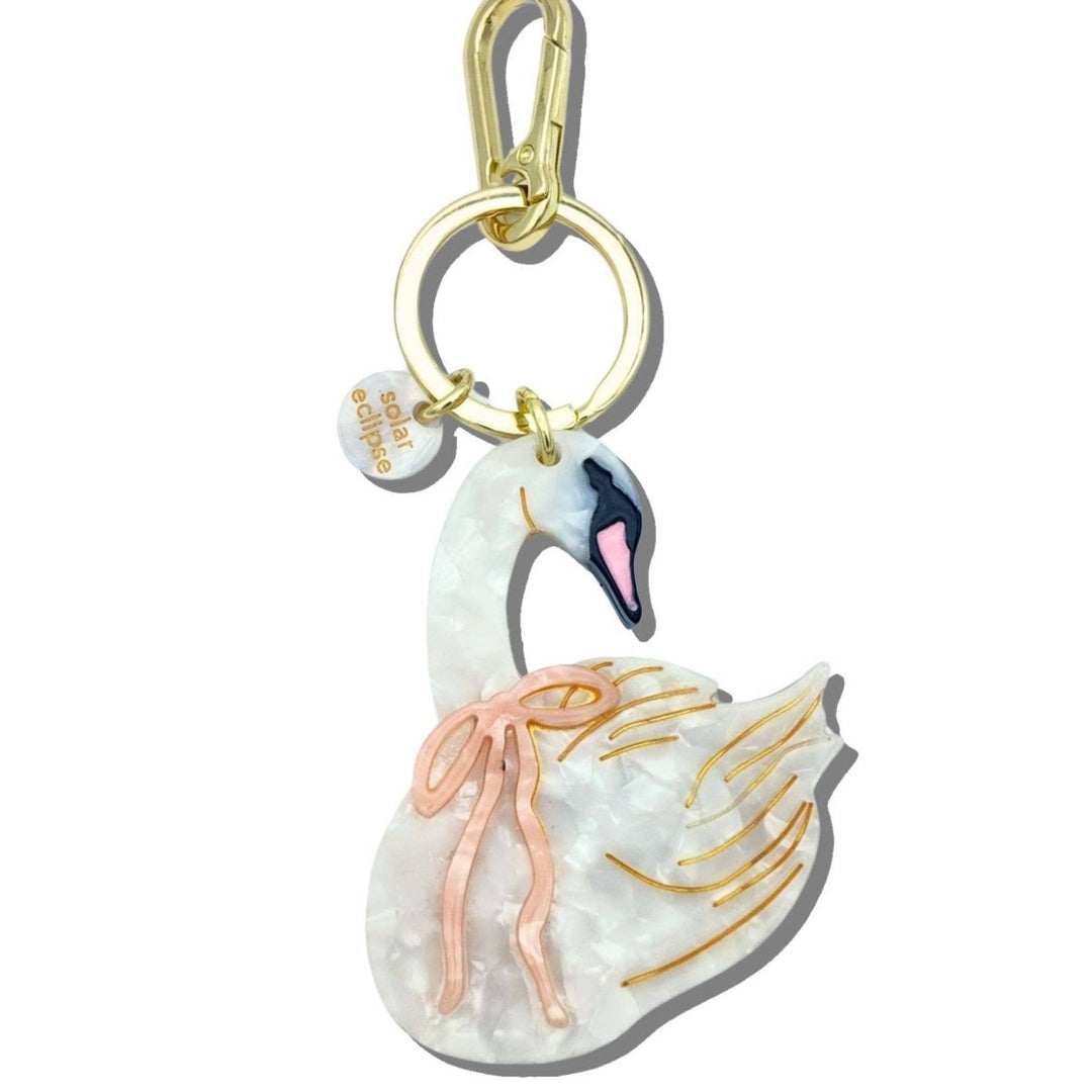 Hand - painted Bow Swan Bag Charm & Keychain - Black & Beech