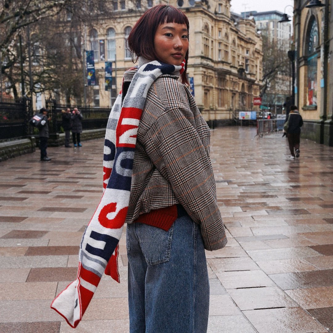 Do No Harm Take No Shit Scarf in Prussian Blue &amp; Rouge - Black &amp; Beech