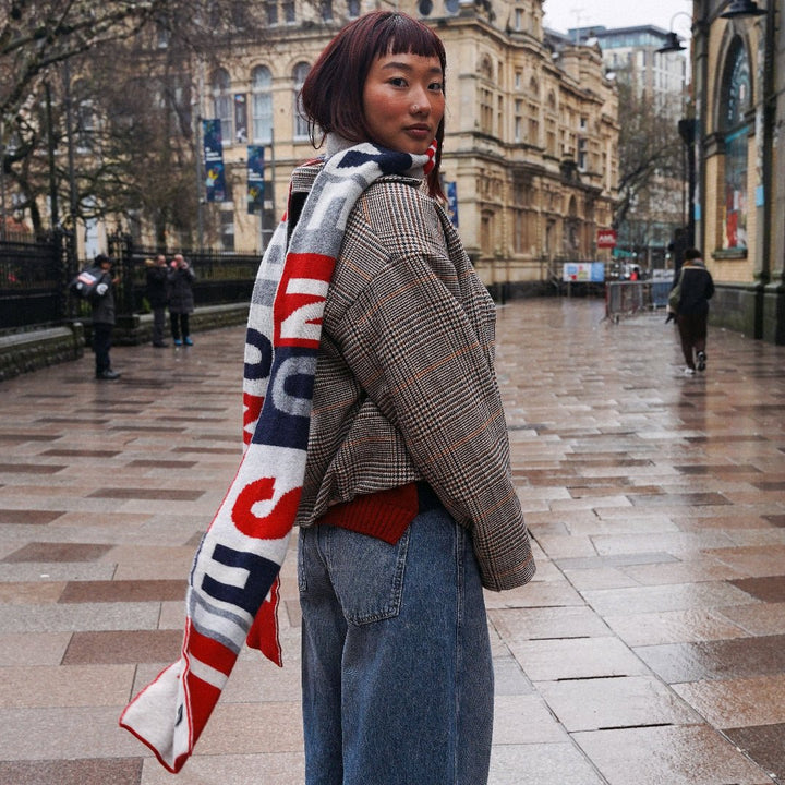 Do No Harm Take No Shit Scarf in Prussian Blue &amp; Rouge - Black &amp; Beech