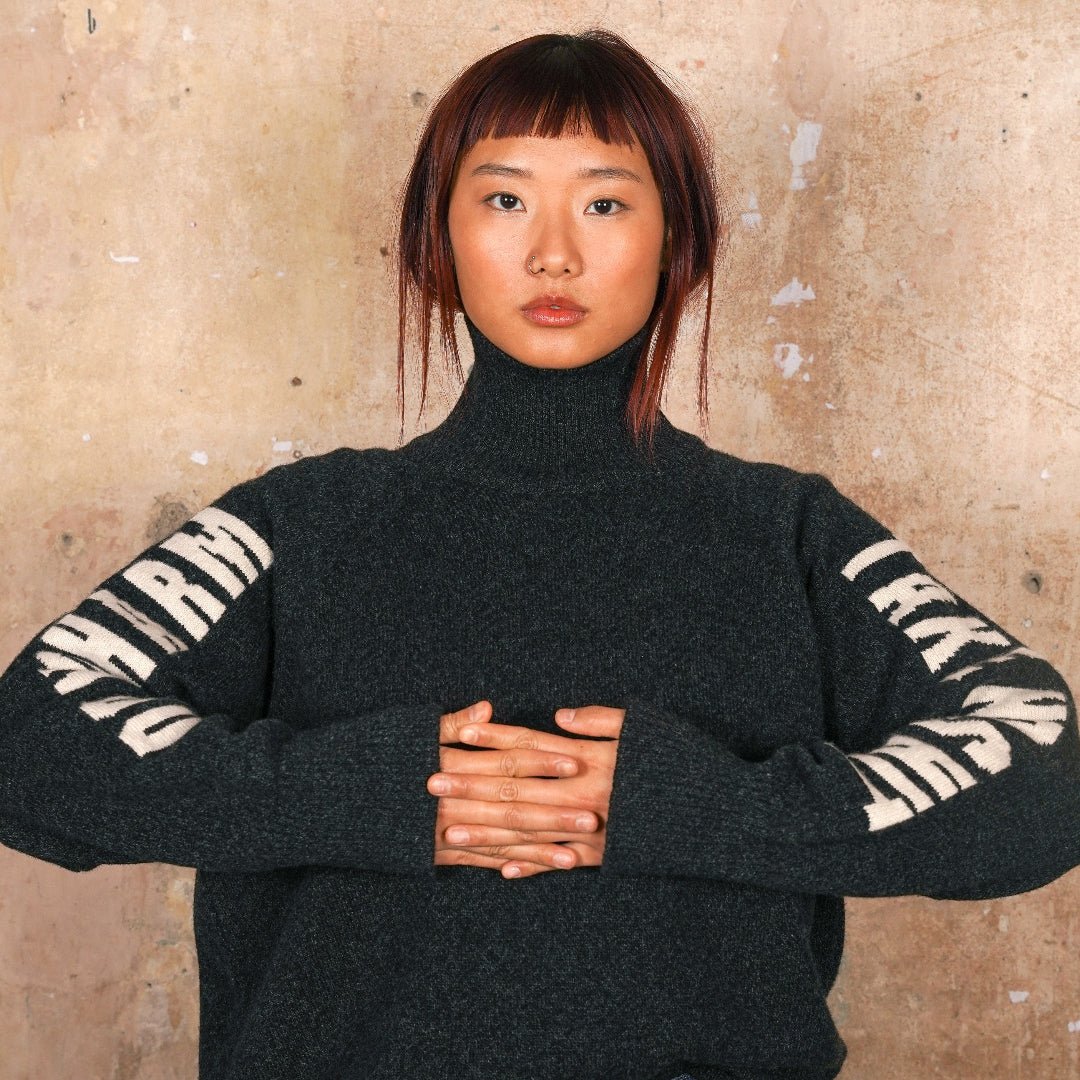 Pre-Order - Do No Harm Take No Shit Merino Funnel Jumper in Anthracite - Black &amp; BeechXS