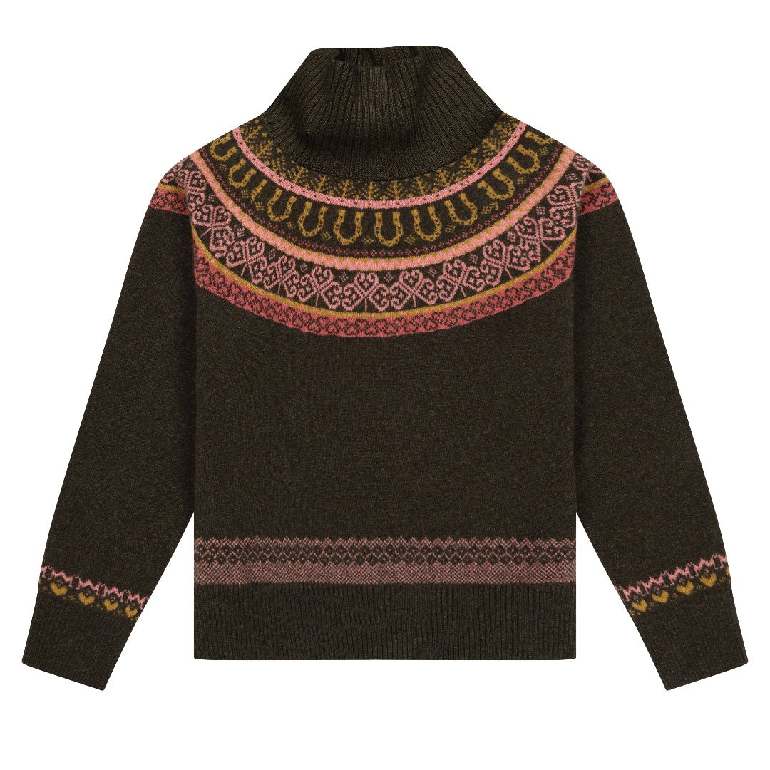 Fairisle Fiadh Funnel Neck Jumper in Kelp - Black &amp; BeechXS