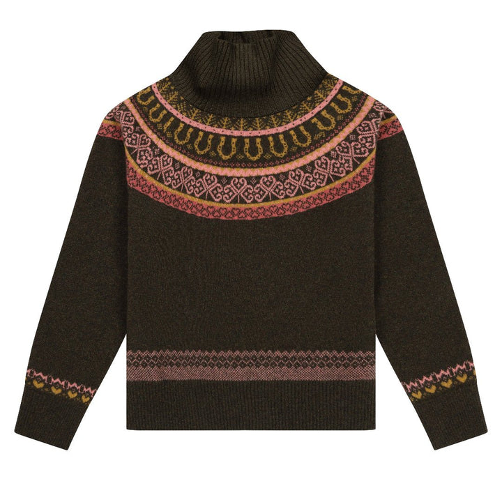 Fairisle Fiadh Funnel Neck Jumper in Kelp - Black &amp; BeechXS