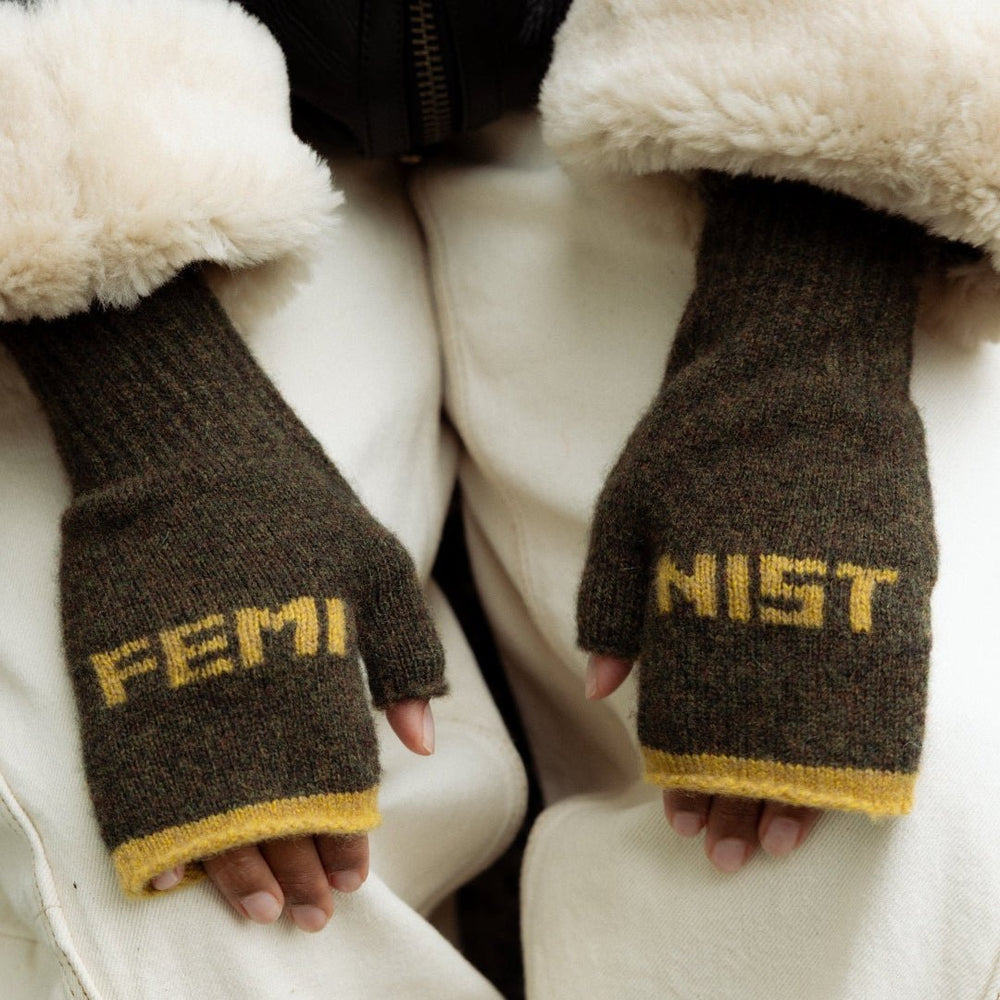 Feminist Fingerless Mittens in Kelp & Gorse - Black & Beech