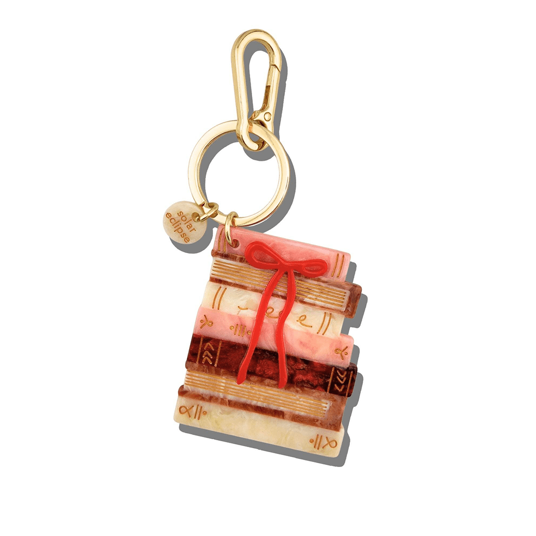 PRE ORDER Hand - painted Bow Bookstack Bag Charm + Keychain - Black & Beech