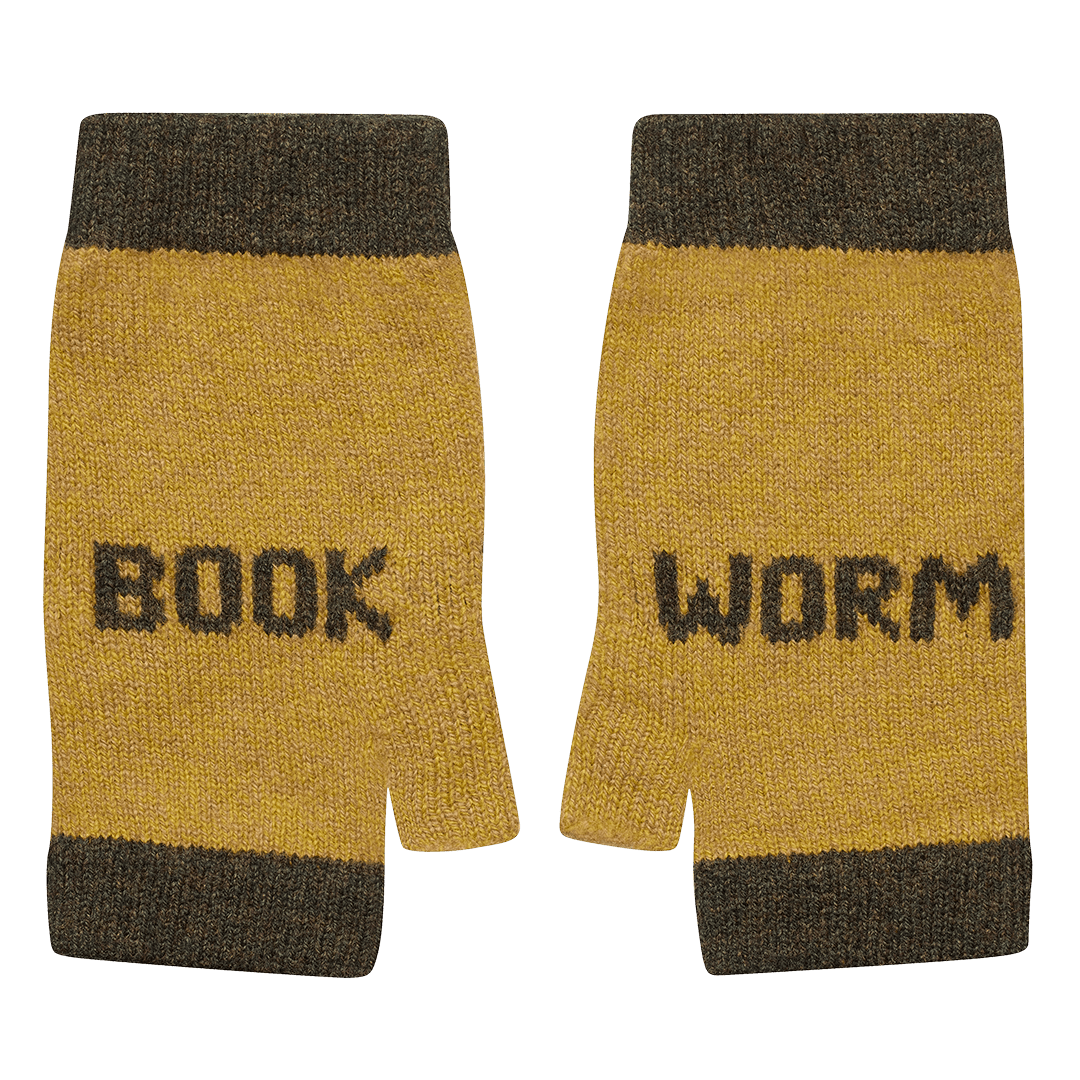 Book Worm Mittens in Gorse & Kelp - Black & Beech