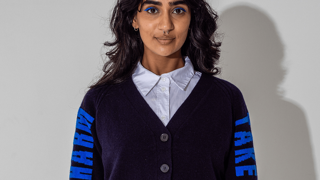 Do No Harm Take No Shit Lambswool Cardigan in Navy & Klein - Black & BeechXS