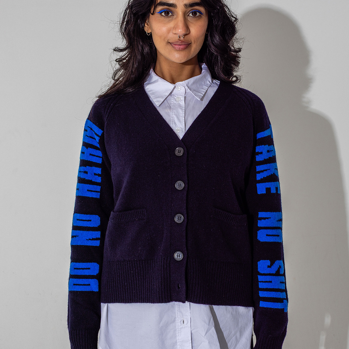 *PRE ORDER* Do No Harm Take No Shit Lambswool Cardigan in Navy & Klein