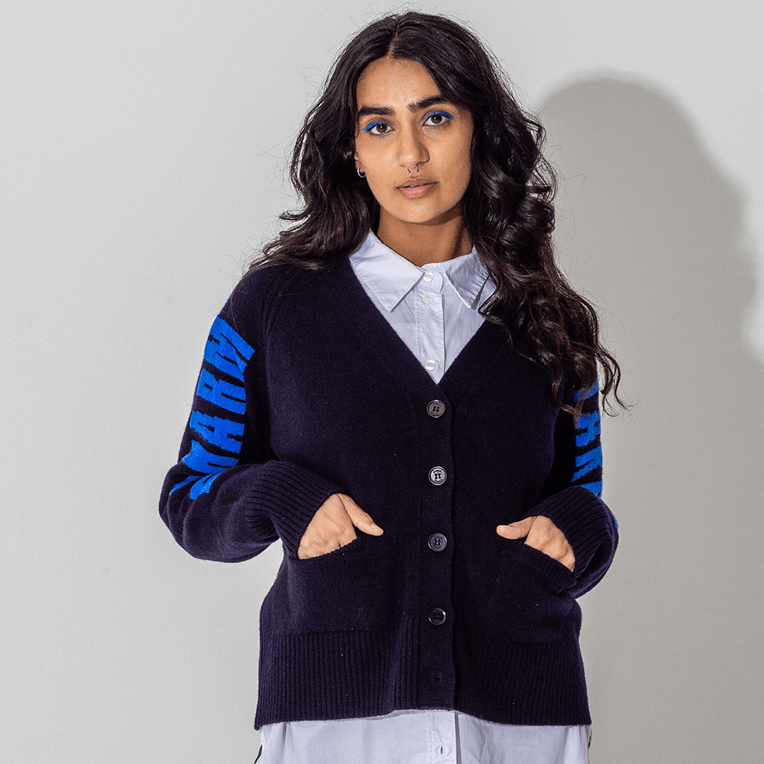 Do No Harm Take No Shit Lambswool Cardigan in Navy & Klein – Black Do No Harm Take No Shit Lambswool Cardigan in Navy & Klein – Black