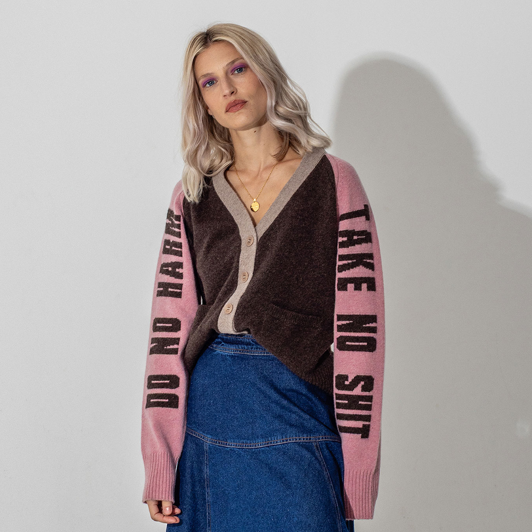 *PRE-ORDER* Do No Harm Take No Shit Lambswool Cardigan in Cocoa & Calamine
