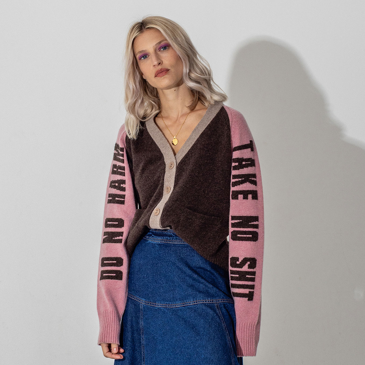 *PRE-ORDER* Do No Harm Take No Shit Lambswool Cardigan in Cocoa & Calamine