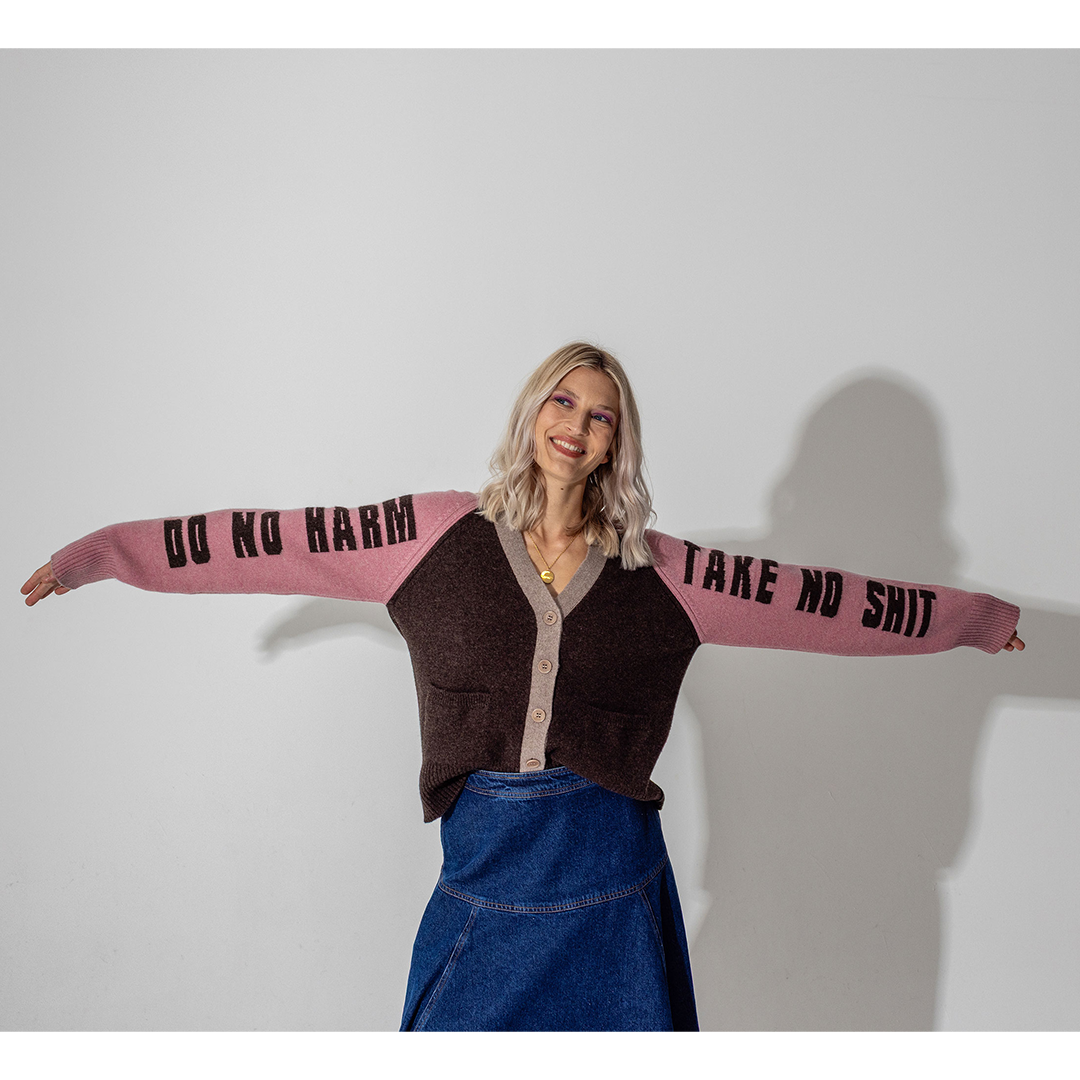 *PRE-ORDER* Do No Harm Take No Shit Lambswool Cardigan in Cocoa & Calamine
