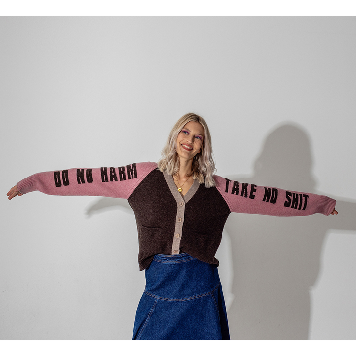 *PRE-ORDER* Do No Harm Take No Shit Lambswool Cardigan in Cocoa & Calamine