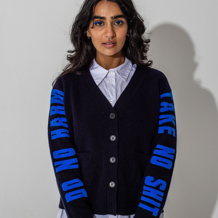 *PRE ORDER* Do No Harm Take No Shit Lambswool Cardigan in Navy & Klein