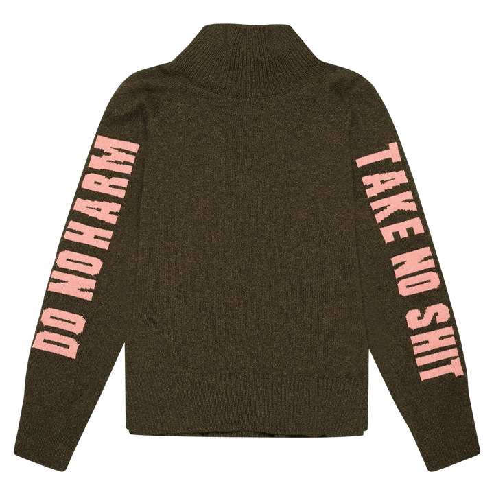 Pre-Order - Do No Harm Take No Shit Merino Funnel Jumper in Kelp &amp; Pink - Black &amp; BeechXS