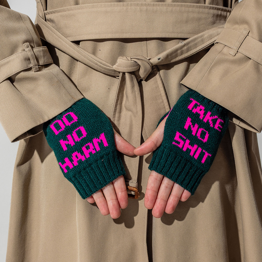 Do No Harm Take No Shit Wrist Warmers in Evergreen