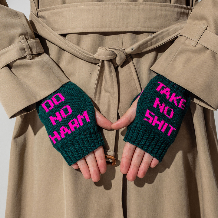 Do No Harm Take No Shit Wrist Warmers in Evergreen