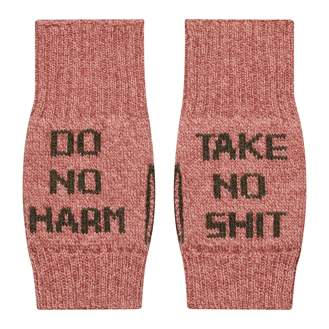 Do No Harm Take No Shit Wrist Warmers in Cloudberry & Chaffinch - Black & Beech