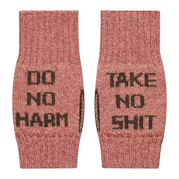 Do No Harm Take No Shit Wrist Warmers in Cloudberry &amp; Chaffinch - Black &amp; Beech