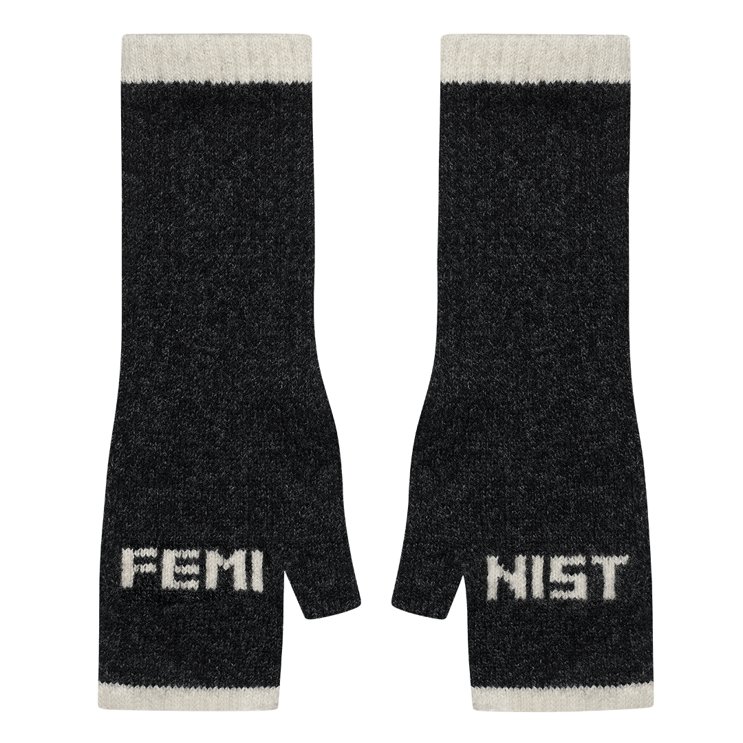 Pre-Order - Feminist Fingerless Mittens in Anthracite & Pearl - Black & Beech