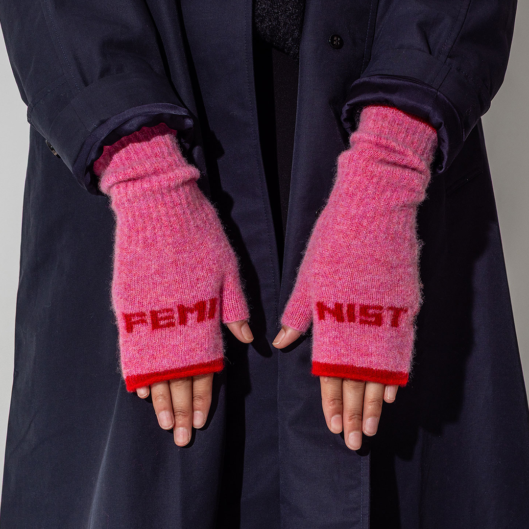 Feminist Fingerless Mittens in French Rose & Rouge