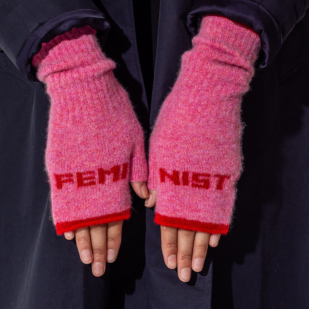 Feminist Fingerless Mittens in French Rose & Rouge