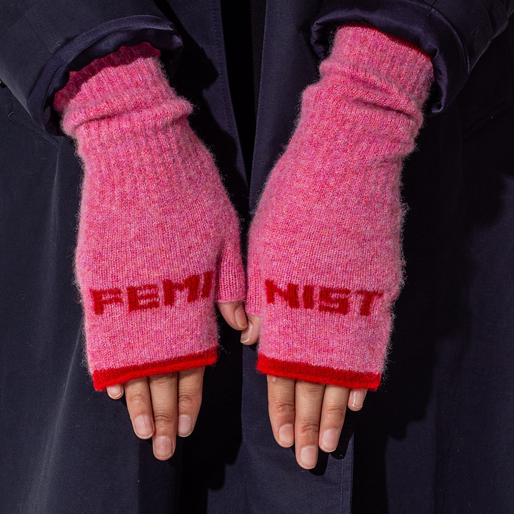 Feminist Fingerless Mittens in French Rose & Rouge