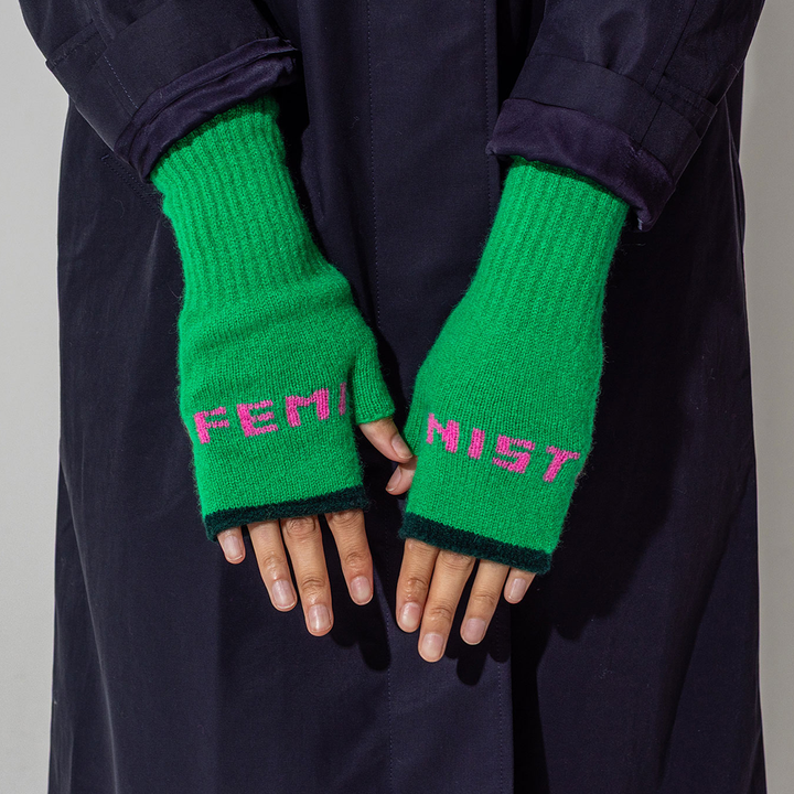 Feminist Fingerless Mittens in Kelly Green & Bubblegum