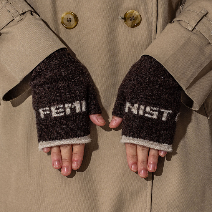 Feminist Fingerless Mittens in Cocoa & Linen