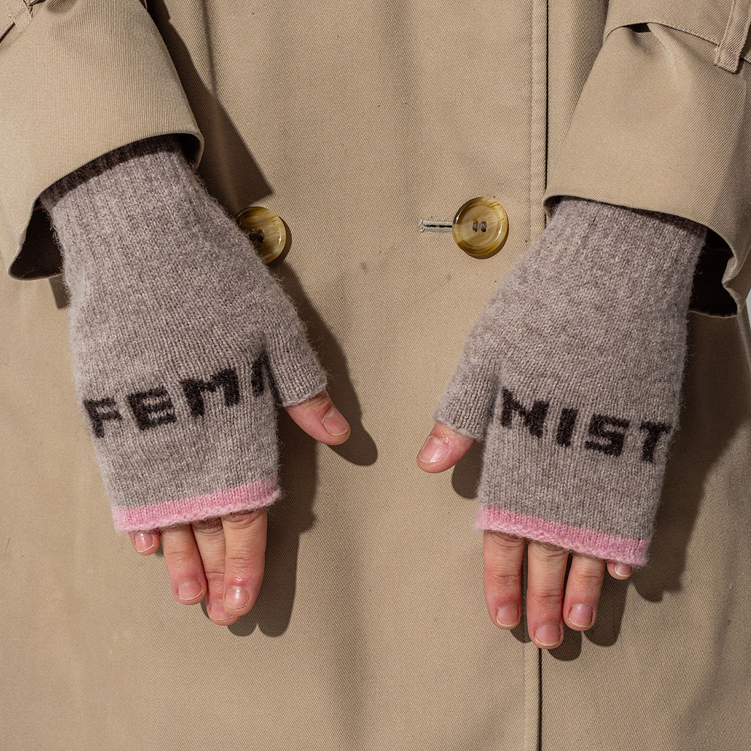 Feminist Fingerless Mittens in Mushroom & Cocoa