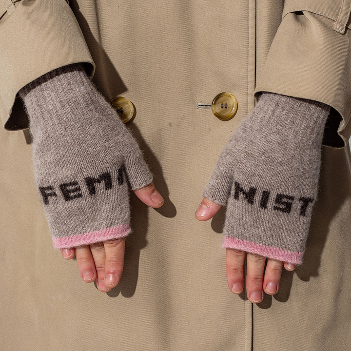 Feminist Fingerless Mittens in Mushroom & Cocoa