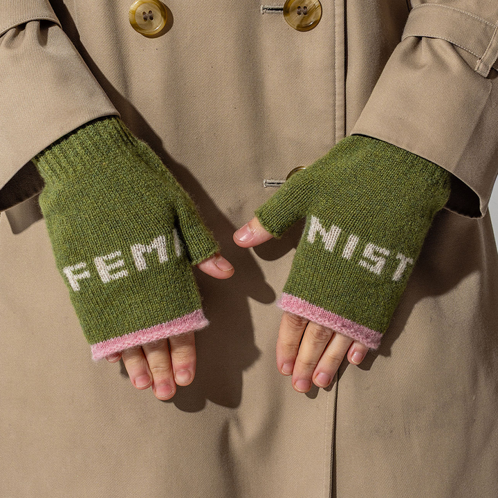 Feminist Fingerless Mittens in Pistachio & Calamine