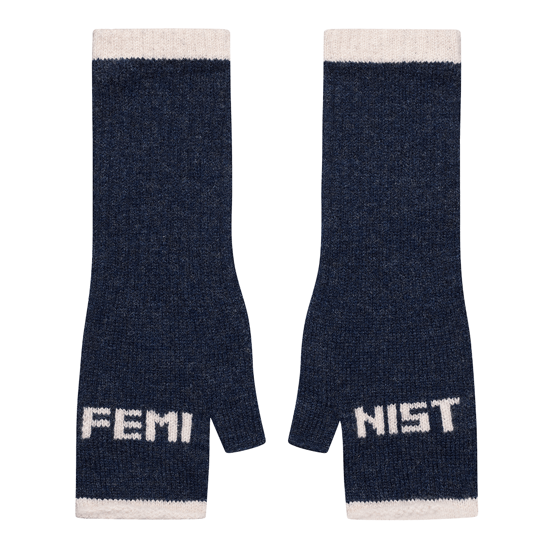 Feminist Fingerless Mittens in Prussian Blue & Clay - Black & Beech