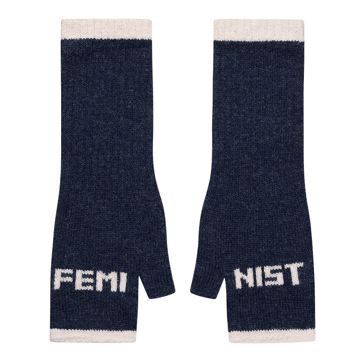 Feminist Fingerless Mittens in Prussian Blue &amp; Clay - Black &amp; Beech