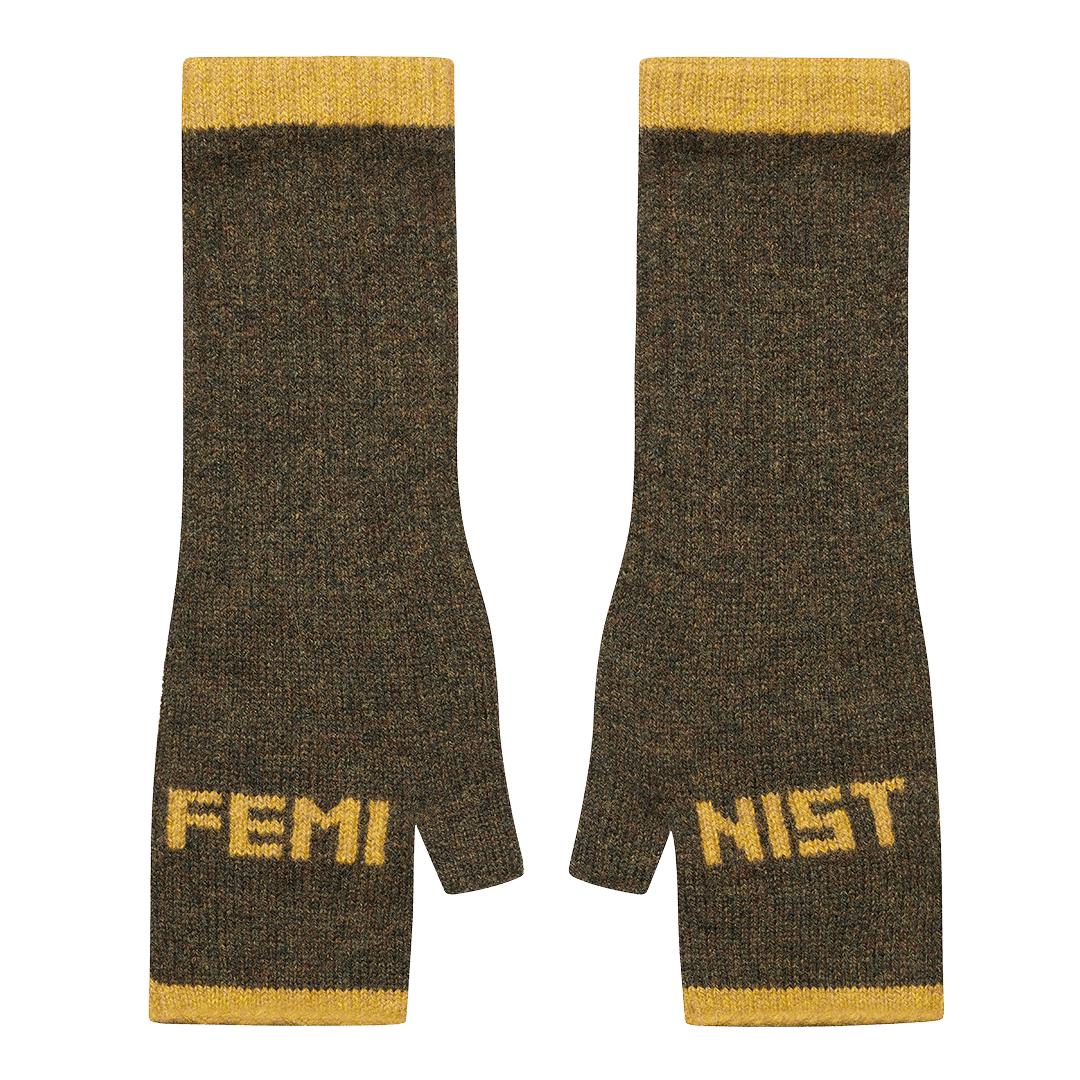 Feminist Fingerless Mittens in Kelp & Gorse - Black & Beech