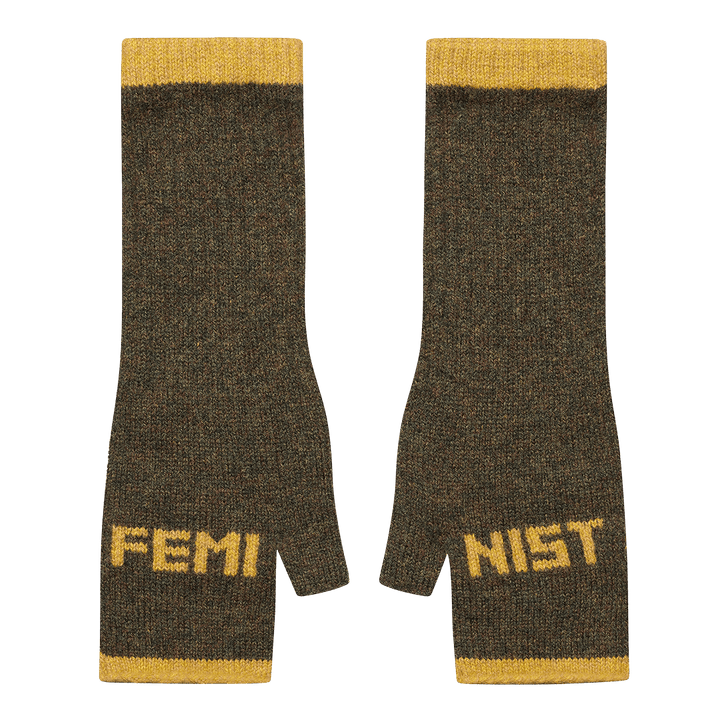 Feminist Fingerless Mittens in Kelp &amp; Gorse - Black &amp; Beech