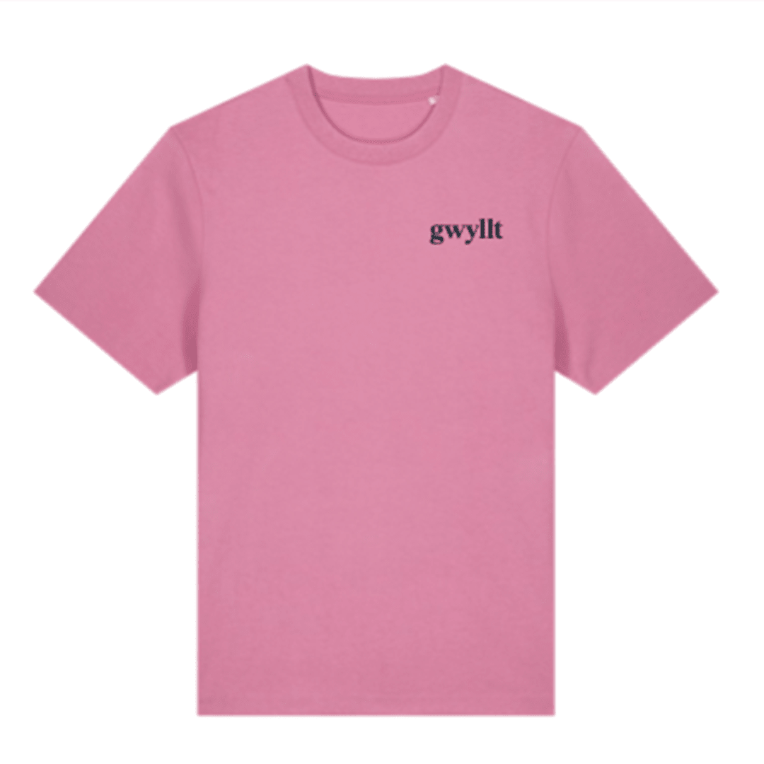 Gwyllt Embroidered T-shirt - PREORDER - Black &amp; BeechPink with Navy Thread