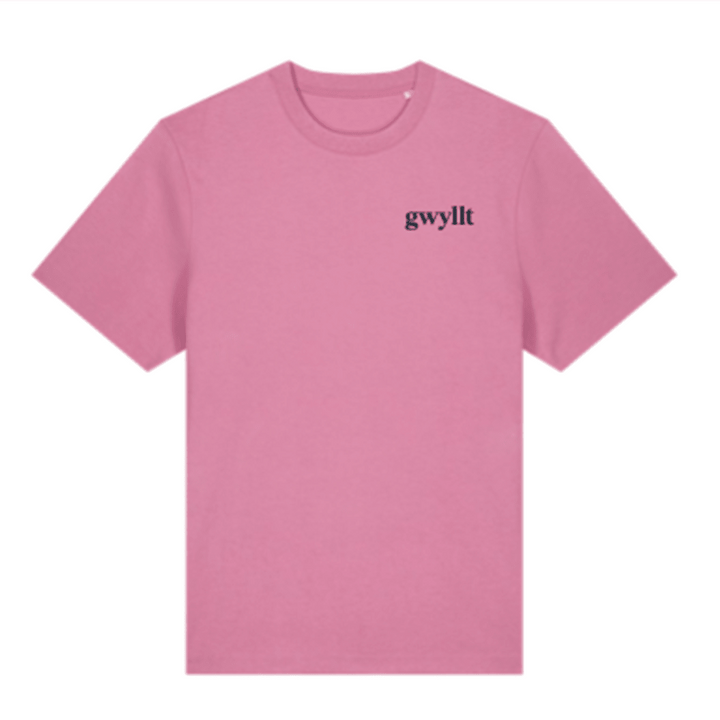 Gwyllt Embroidered T-shirt - PREORDER - Black &amp; BeechPink with Navy Thread