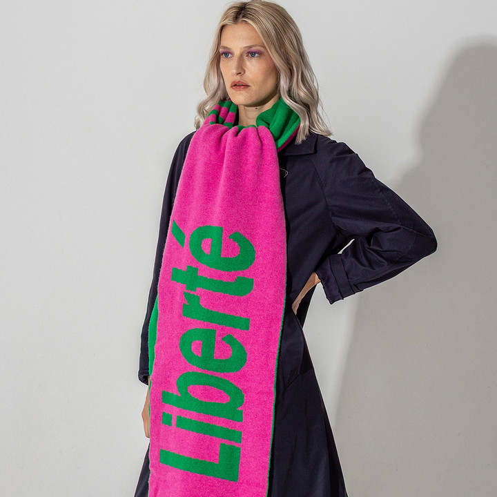 Liberté Egalité Sororité Lambswool Feminist Slogan Scarf in Bubblegum & Kelly Green