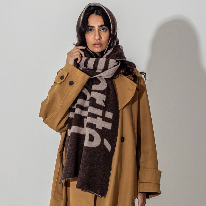 Liberté Egalité Sororité Lambswool Feminist Slogan Scarf in Cocoa & Mushroom